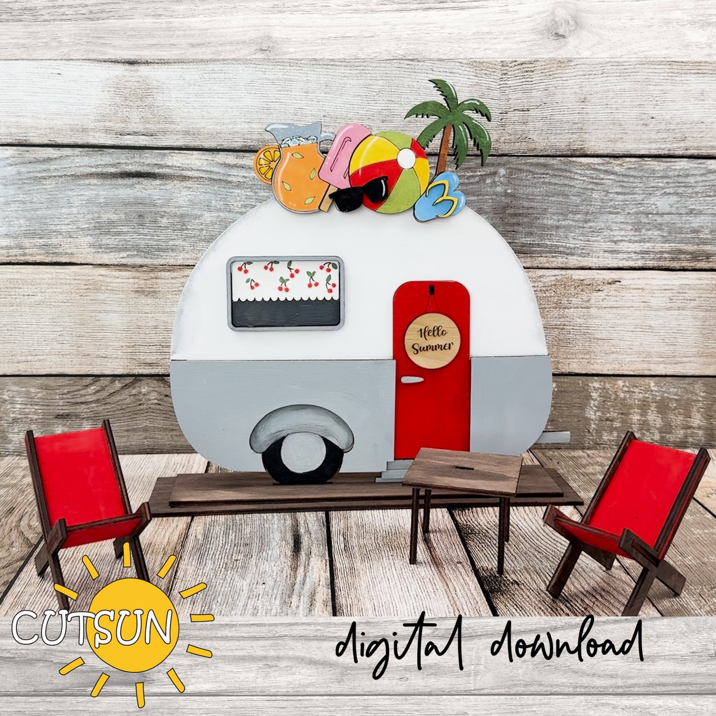 Hello Summer SVG Add-on for Interchangeable camper SVG | Summer shelf decor laser cut file
