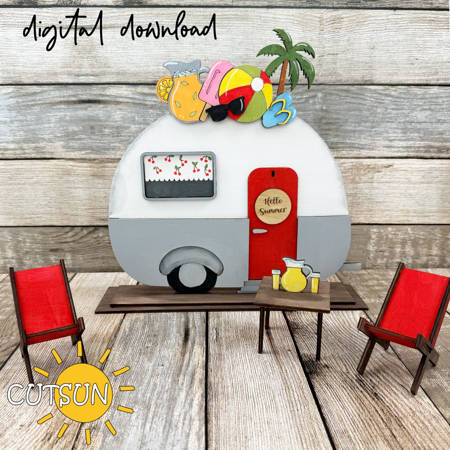 Hello Summer SVG Add-on for Interchangeable camper SVG | Summer shelf decor laser cut file