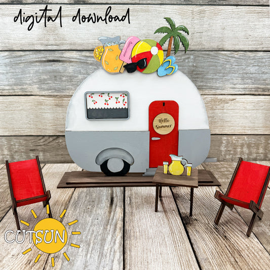 A digital illustration of a camper with summer decorations including a pitcher of lemonade, beach ball, palm tree, and sunglasses. The words 'Hello Summer' are visible on the camper door.