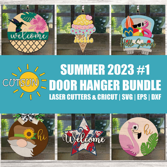 Summer-themed door hanger bundle with various designs on a wooden background, featuring the brand 'Cutsun'.