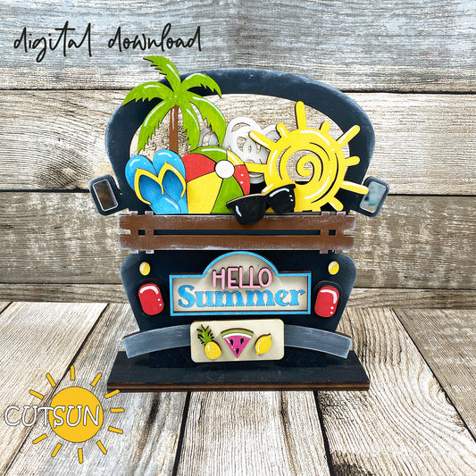 Farmhouse truck loaded with a palm tree, pair of flip flops, a beach ball, doodle sun and cloud and sunglasses - digital download for a summer themed shelf decor.