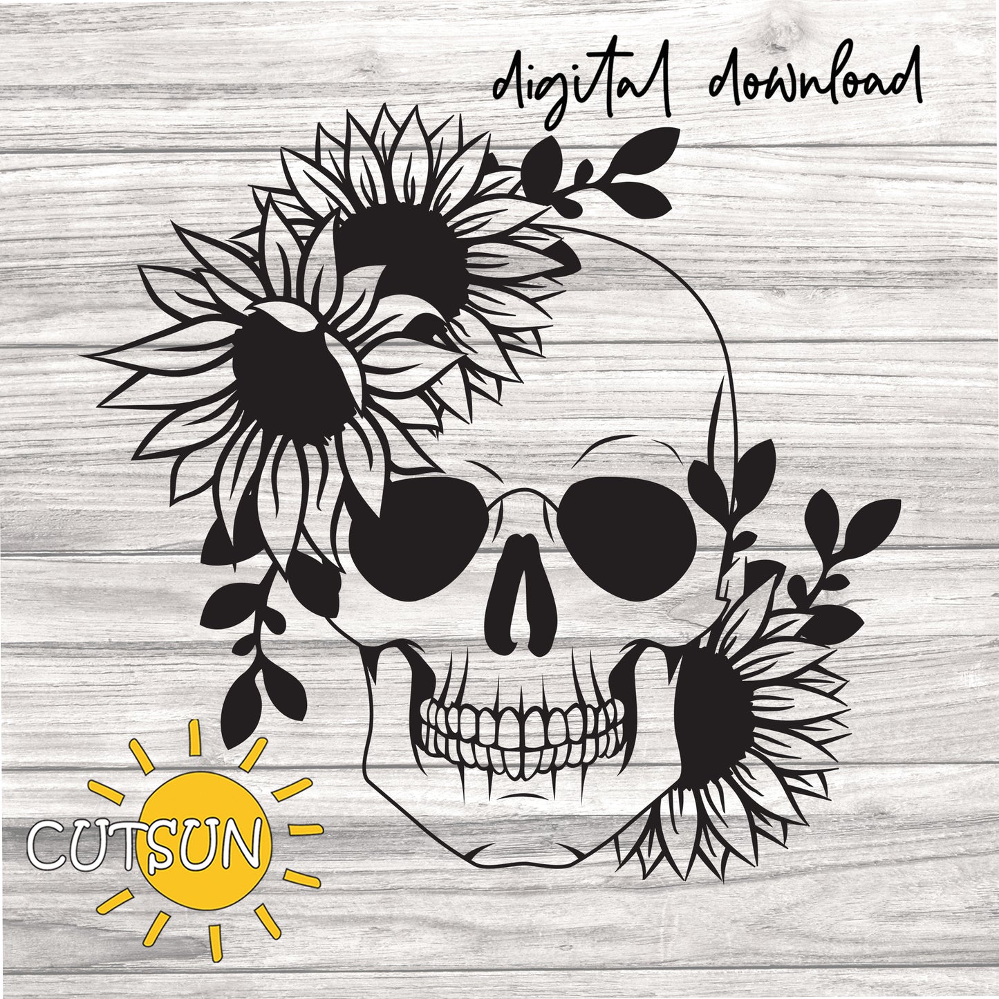 Skull with sunflowers and sunglasses on a wooden background, digital download option.