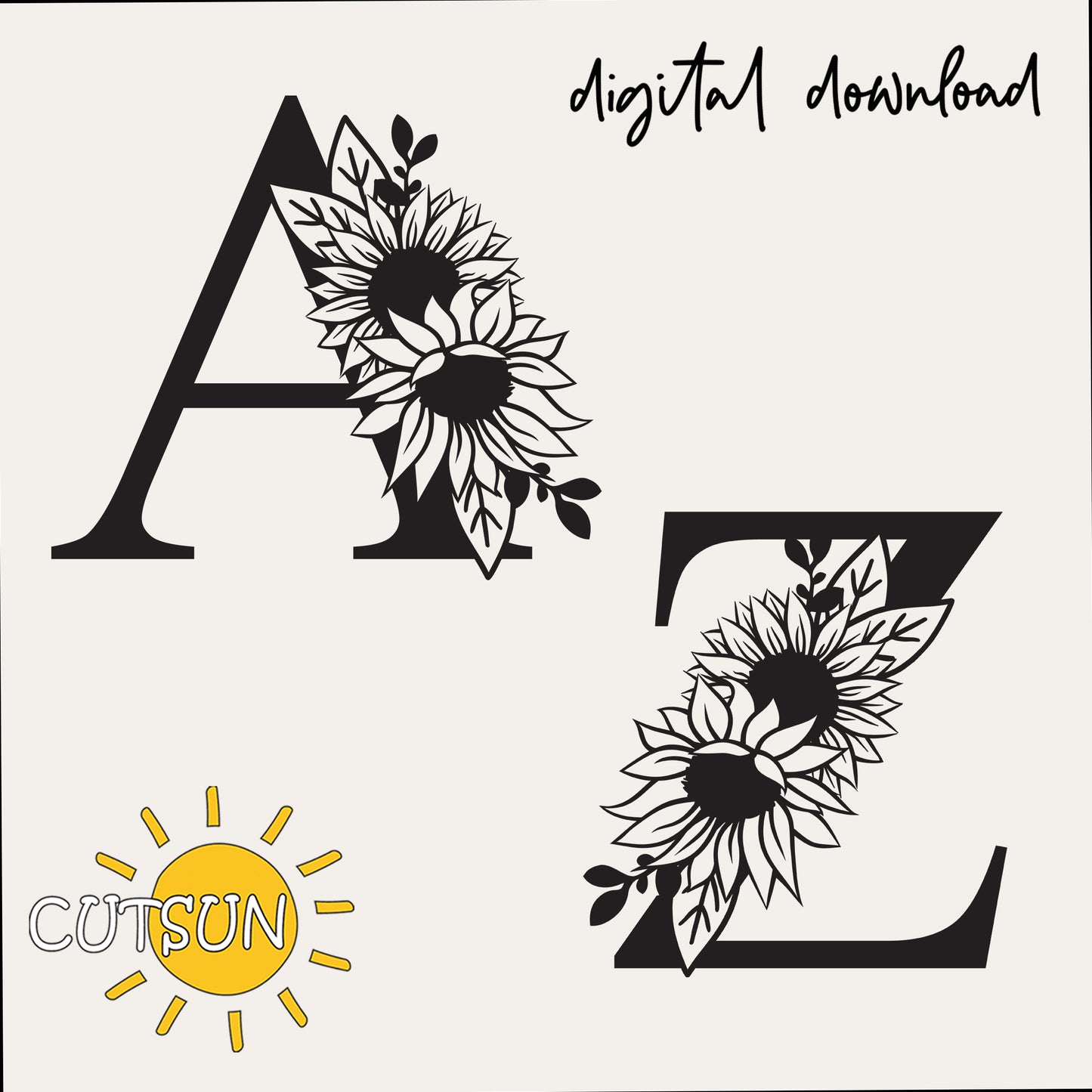 Black floral monogram A & Z with sunflowers and 'CUTSUN' logo on a white background