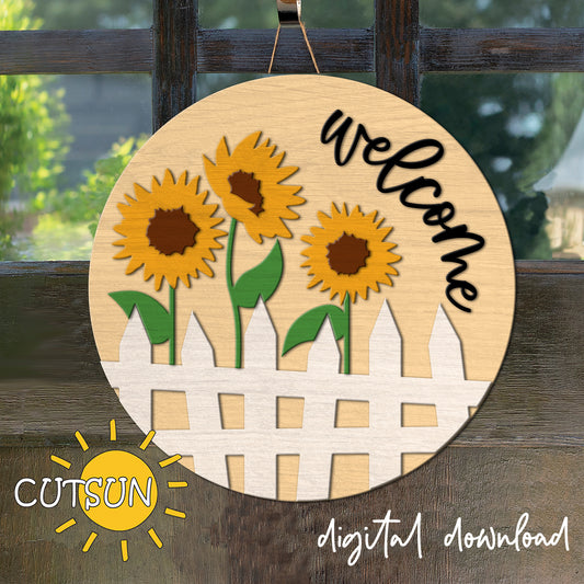 A digital download image of a round welcome sign with sunflower and fence design in vector format, with the word 'welcome' displayed.