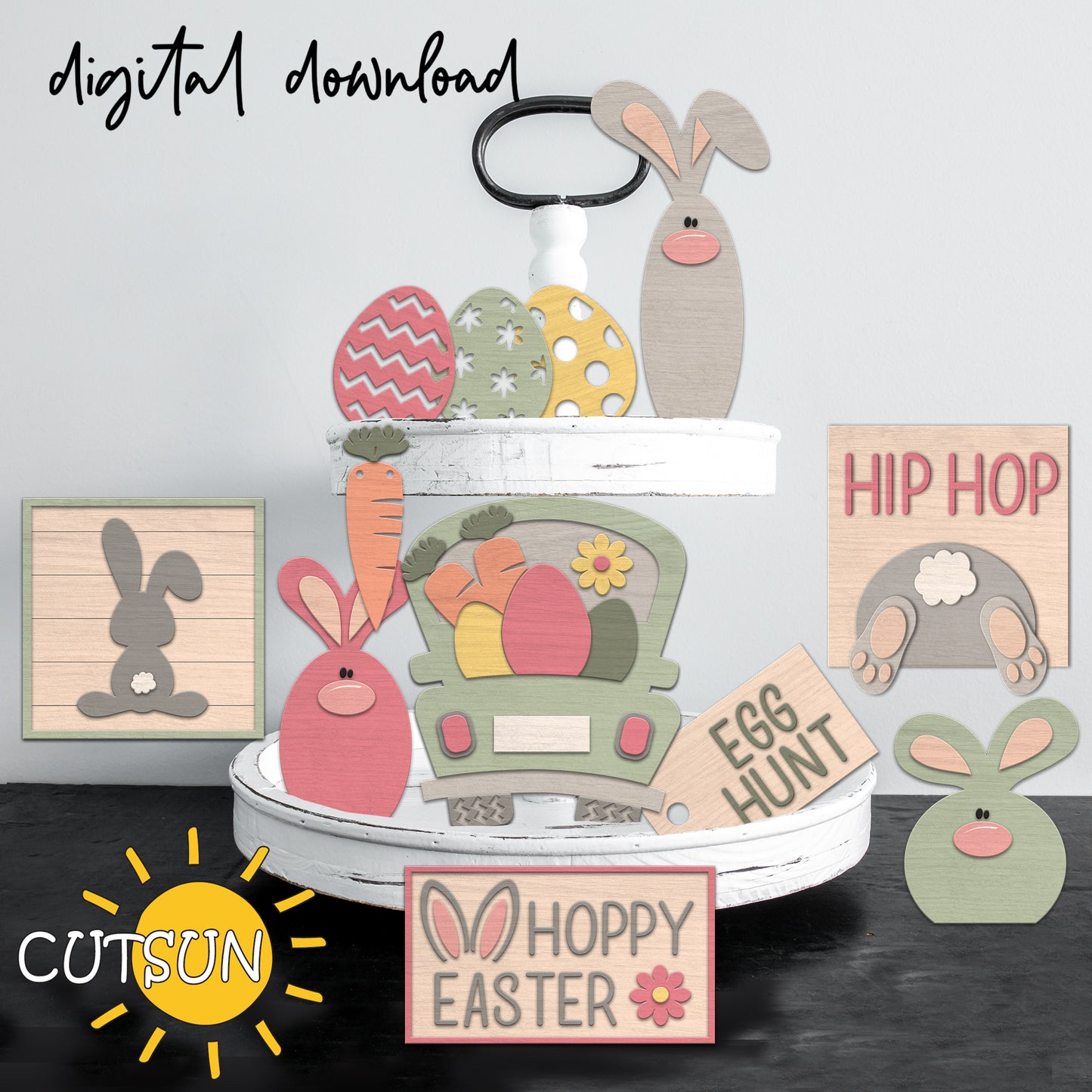 Easter-themed digital download set with cutout shapes and signs on a white background.