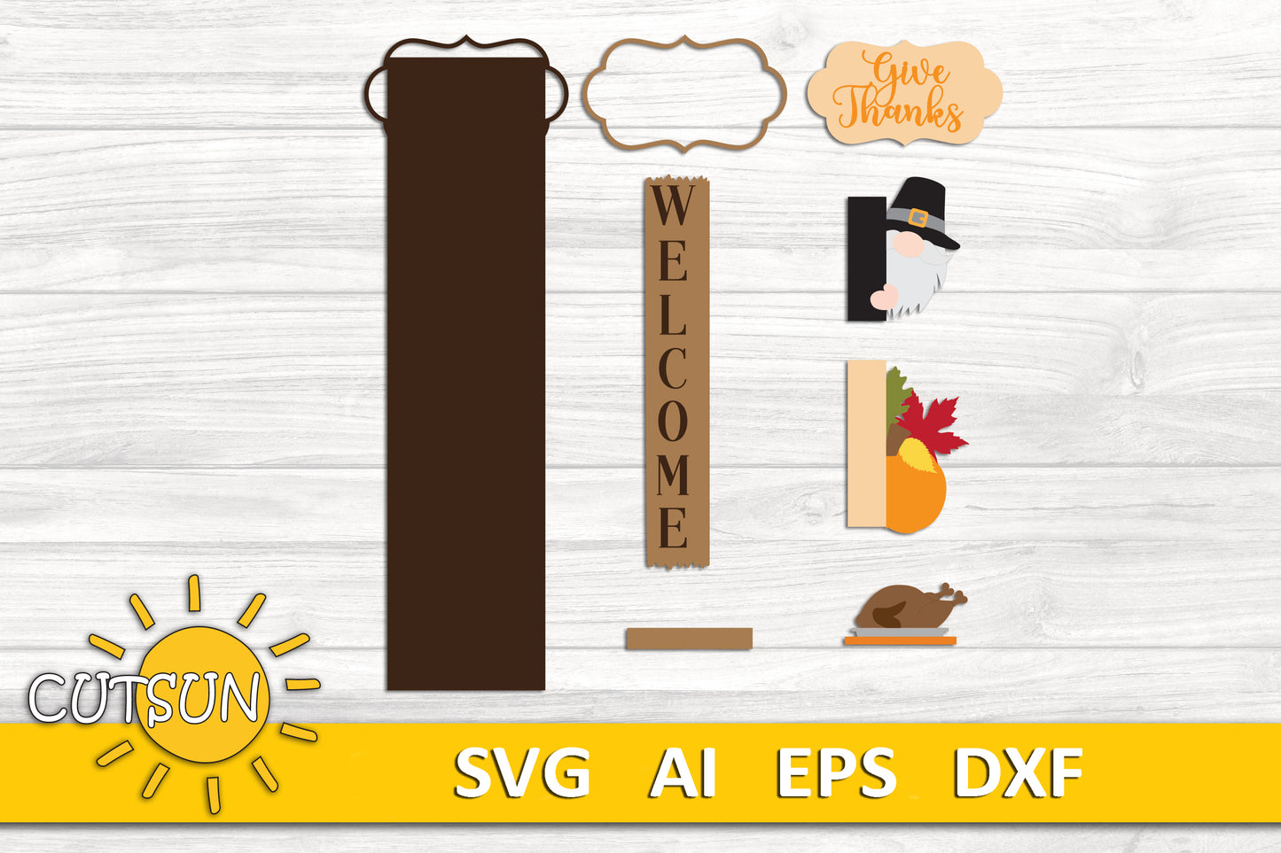 Thanksgiving Porch Sign SVG | Interchangeable Gnome Add-On | Vertical Porch Leaner Fall Welcome Sign | Give Thanks SVG Laser Cut File