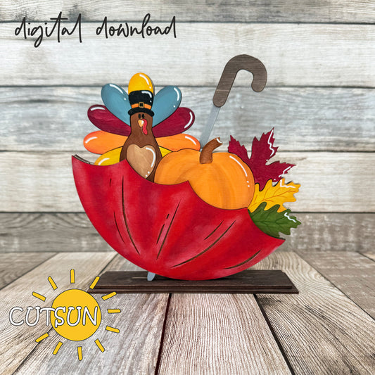Thanksgiving umbrella shelf sitter SVG with turkey, pumpkin, and fall leaves – laser cut file for Glowforge, xTool, and other laser machines