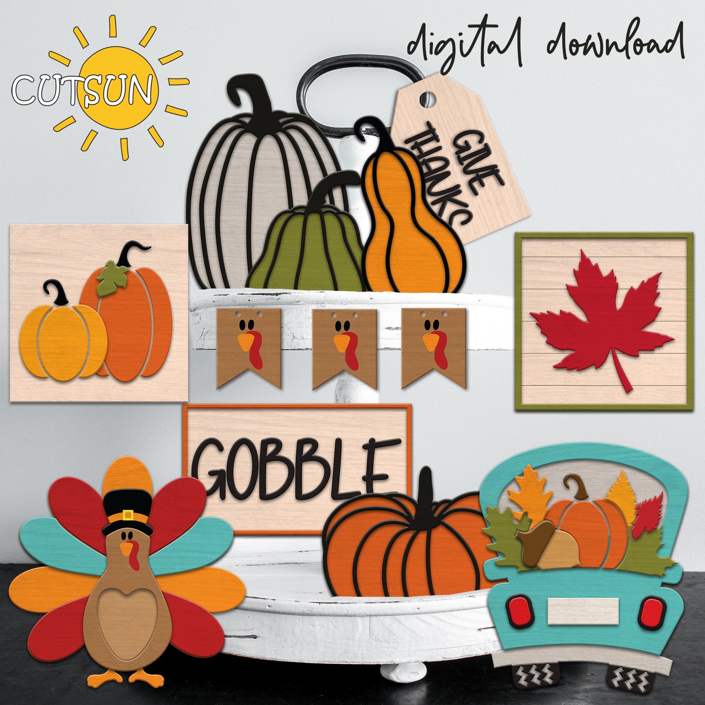 Thanksgiving Tiered Tray Decor Set SVG | Pumpkin and Turkey Tiered Tray Laser Cut Files | Glowforge Thanksgiving SVG