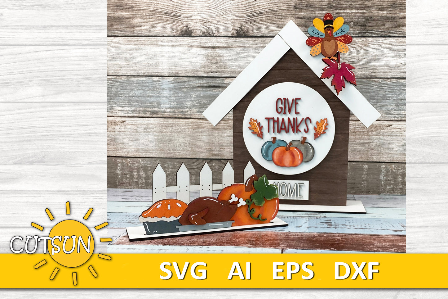 Thanksgiving Add-On SVG for Interchangeable Shelf Decor | House and Fence Set with Turkey and Give Thanks Laser Cut File