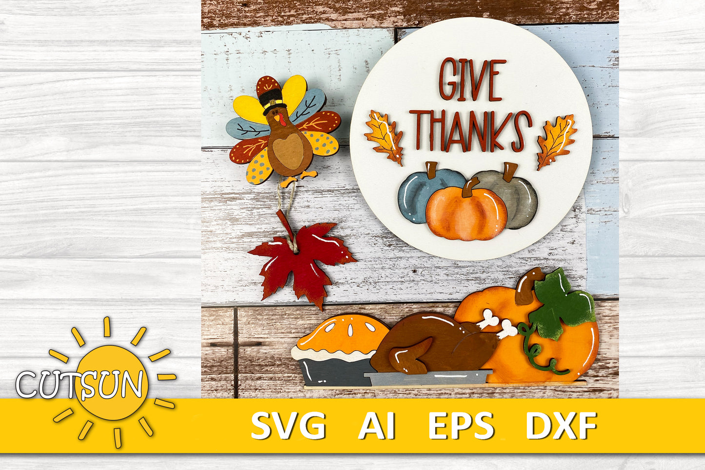 Thanksgiving Add-On SVG for Interchangeable Shelf Decor | House and Fence Set with Turkey and Give Thanks Laser Cut File