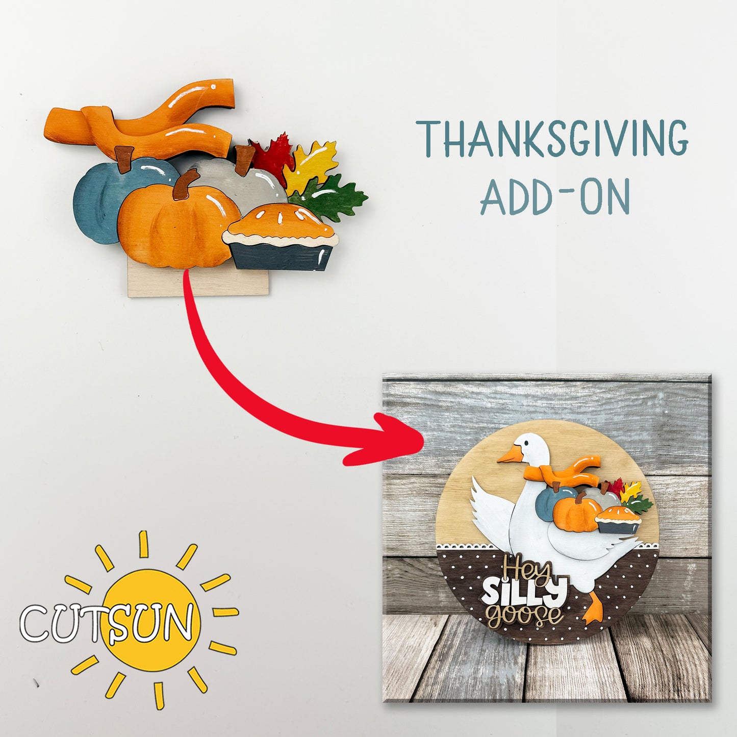 Thanksgiving Add-On SVG for Interchangeable Goose Door Hanger – Pumpkin Pie, Leaves & Fall Decor | Laser Cut File