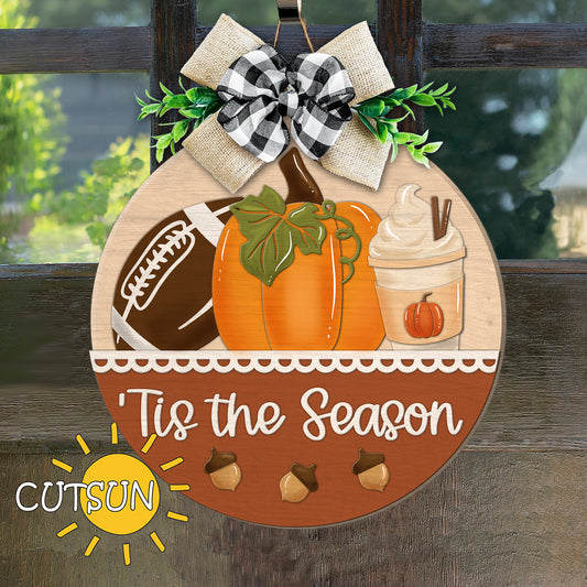 ’Tis the Season Round Sign SVG with pumpkin, football, and latte design for laser cutting – fall door hanger digital file.