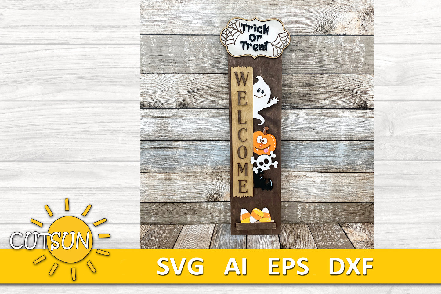 Halloween Porch Sign SVG – Interchangeable Ghost Add-On with Free Vertical Leaner for Laser Cutters