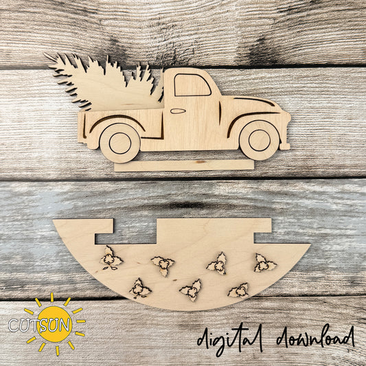 Christmas Truck Add-On for Interchangeable Round Sign SVG | Vintage Red Pickup Laser Cut File