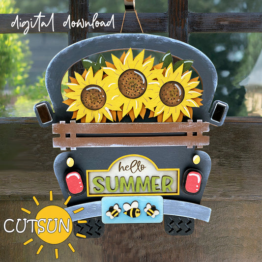 Digital download for an interchangeable door hanger in the shape of a truck with sunflowers and bees.