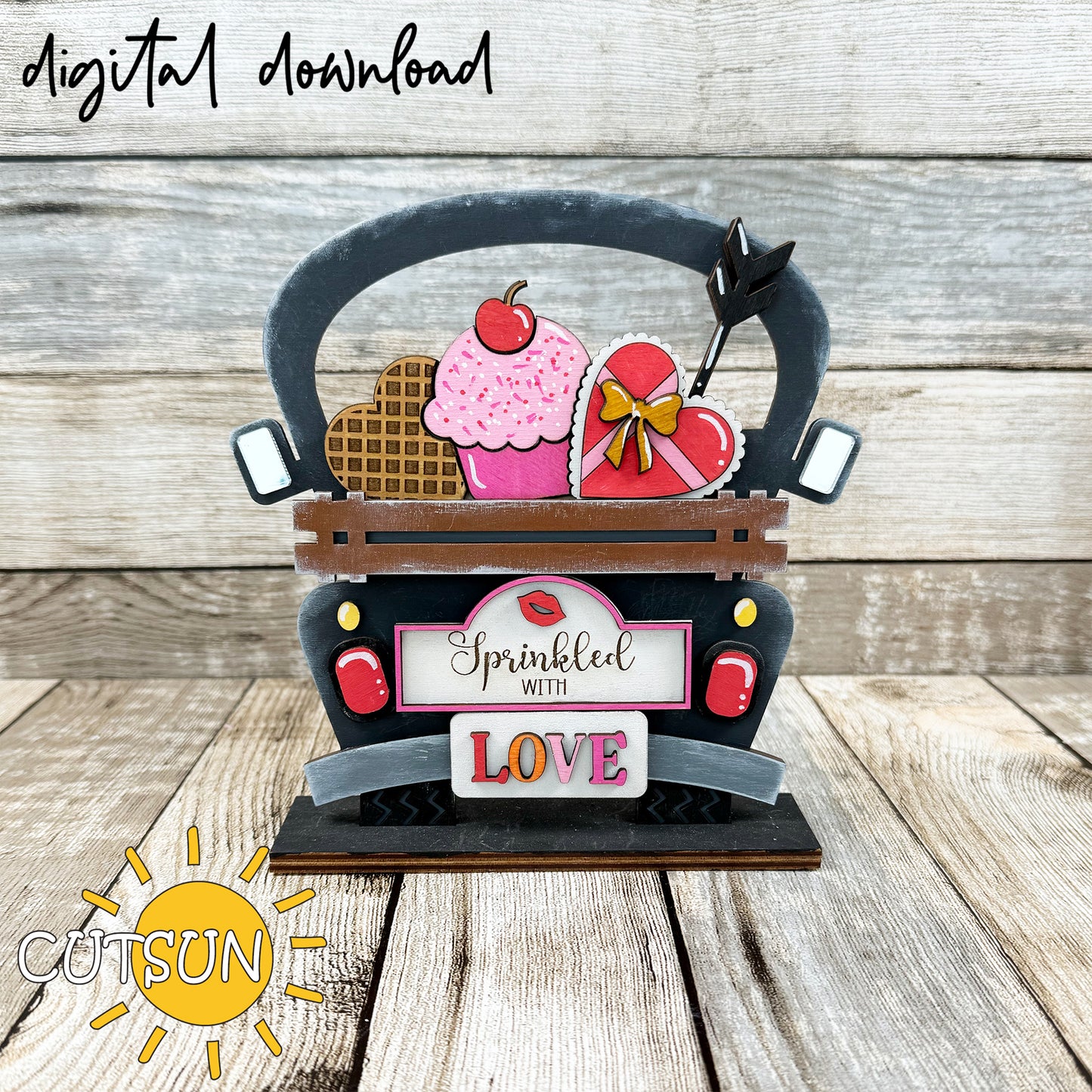 A digital download image featuring a decorated truck with the text 'Sprinkled with Love' and various Valentine's Day themed items like cupcakes and hearts.