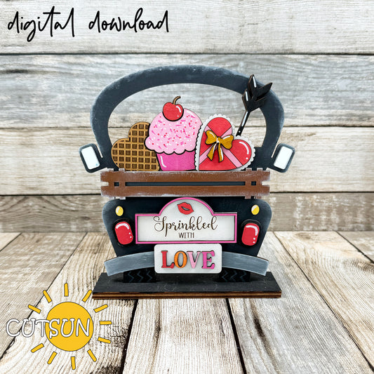 A digital download image featuring a decorated truck with the text 'Sprinkled with Love' and various Valentine's Day themed items like cupcakes and hearts.