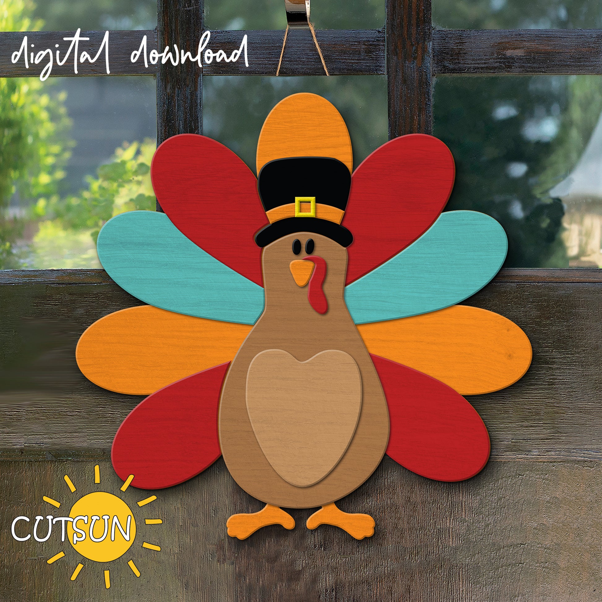 A digital download of a colorful turkey-shaped door hanger with a 'Digital Download' label, made from wood and designed for cutting machines like Cricut and Silhouette.