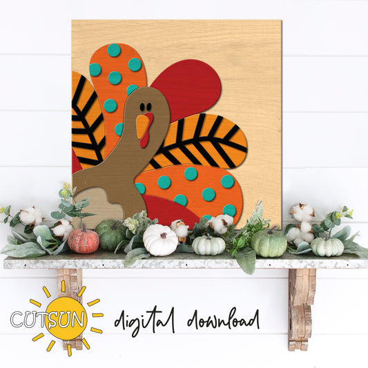 Turkey Leaning Sign SVG for laser cutters and Cricut — a festive Thanksgiving design perfect for creating eye-catching fall vertical porch signs or shelf decor.