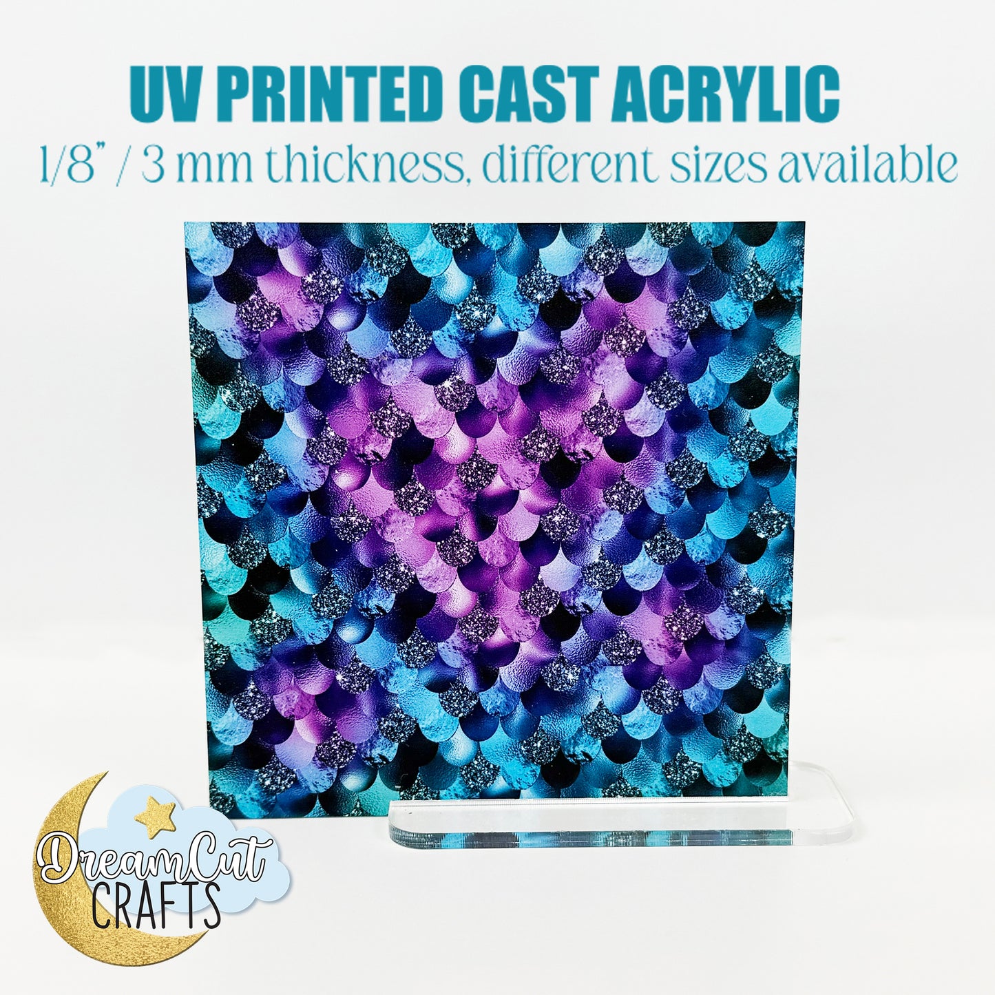 Turquoise and Violet Mermaid scales UV Print | Purple and Teal Mermaid scales Acrylic Sheet | 1/8” Cast Laser-Ready Panel | Faux glitter