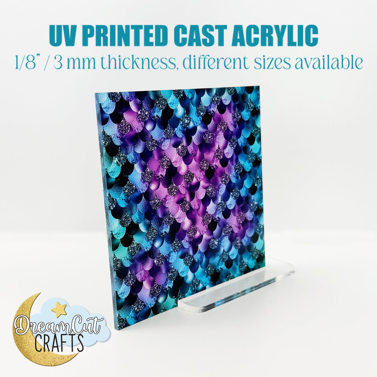 Turquoise and Violet Mermaid scales UV Print | Purple and Teal Mermaid scales Acrylic Sheet | 1/8” Cast Laser-Ready Panel | Faux glitter