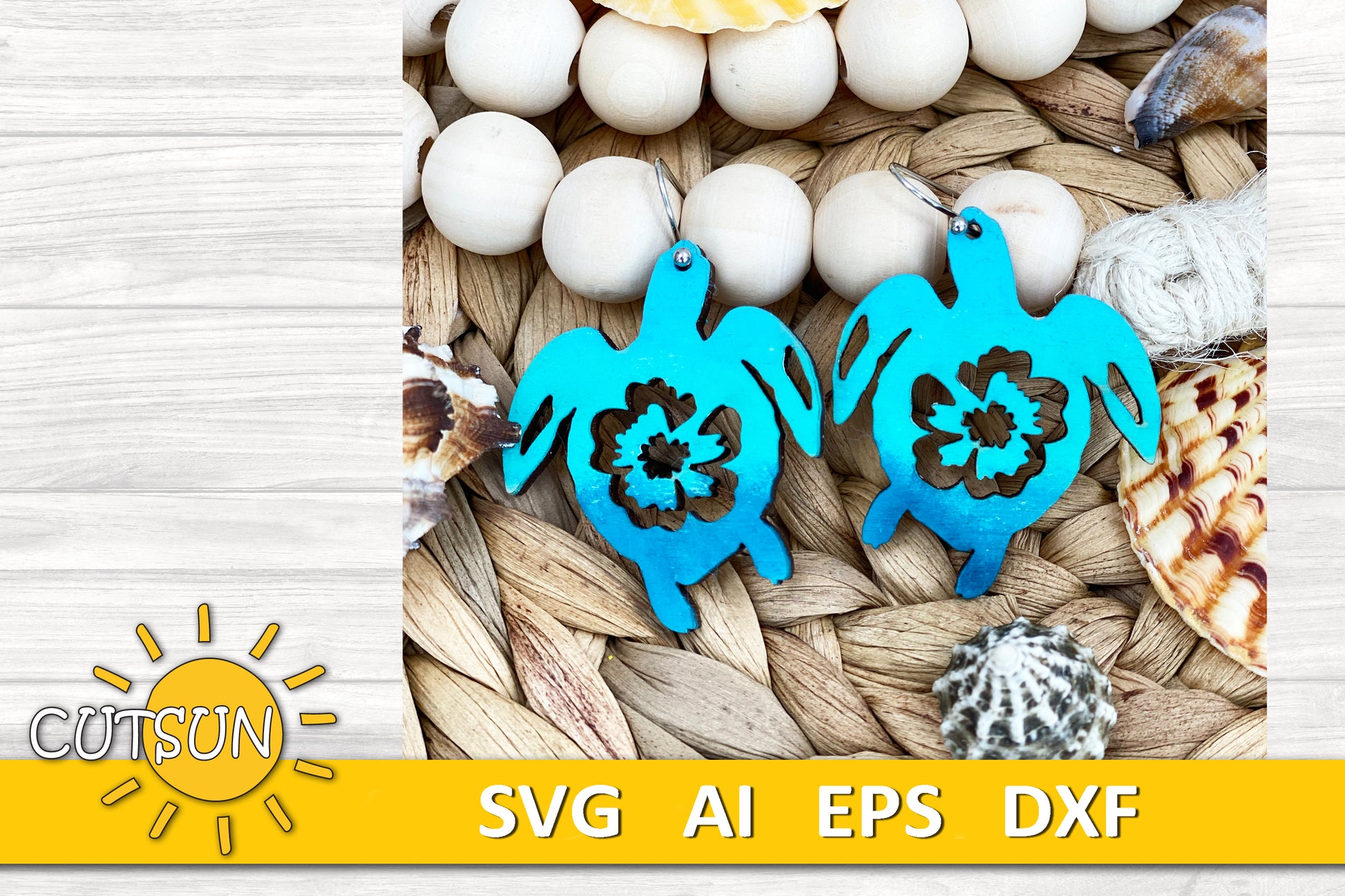 Pair of turquoise sea turtle earrings displayed on a wooden measurement stand, perfect for laser-cut jewelry crafts.