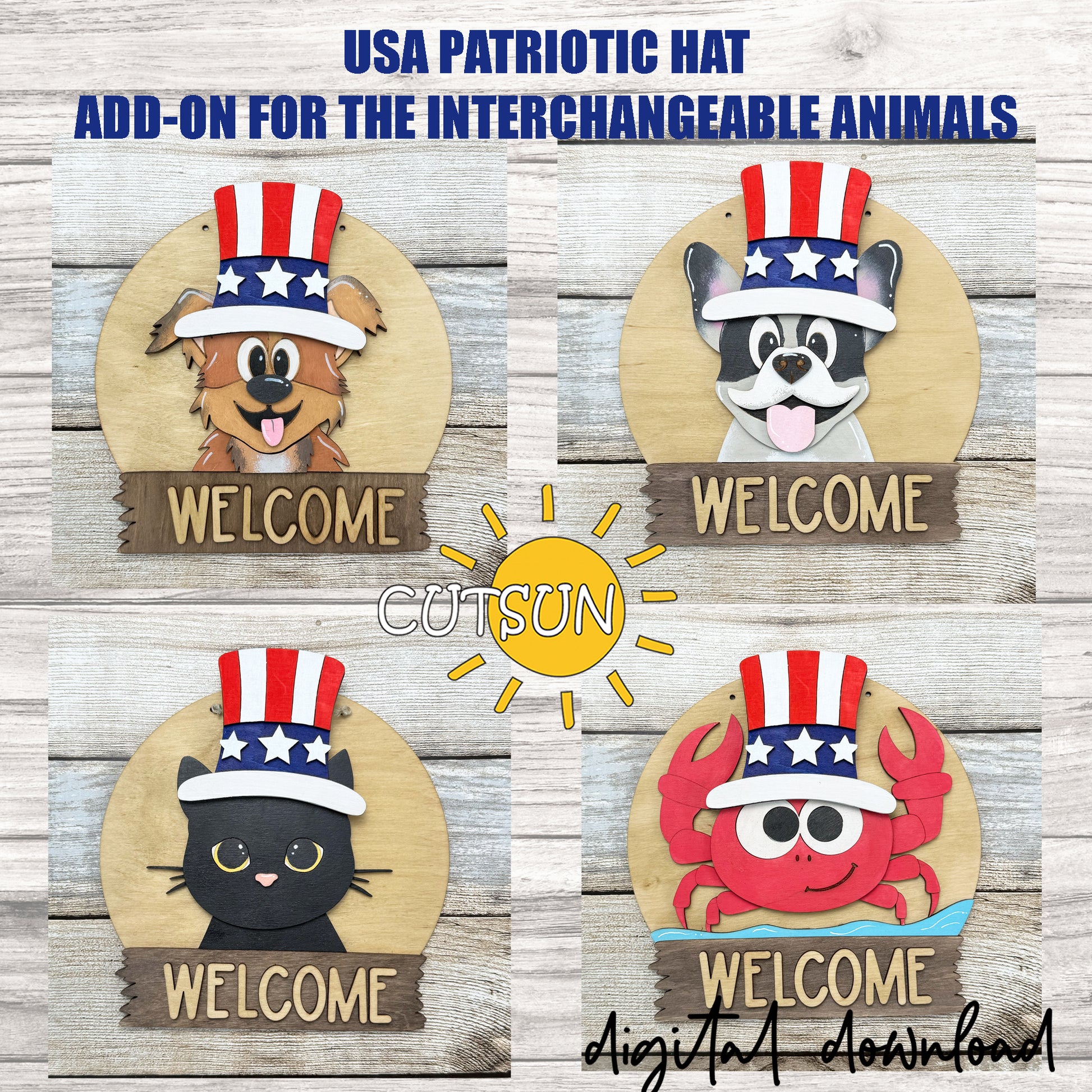 A collection of digital downloads showing round interchangeable animals door hangers with a US patriotic hat add-on. The hats have a stars and stripes pattern, suitable for 4th of july and patriotic-themed decor.