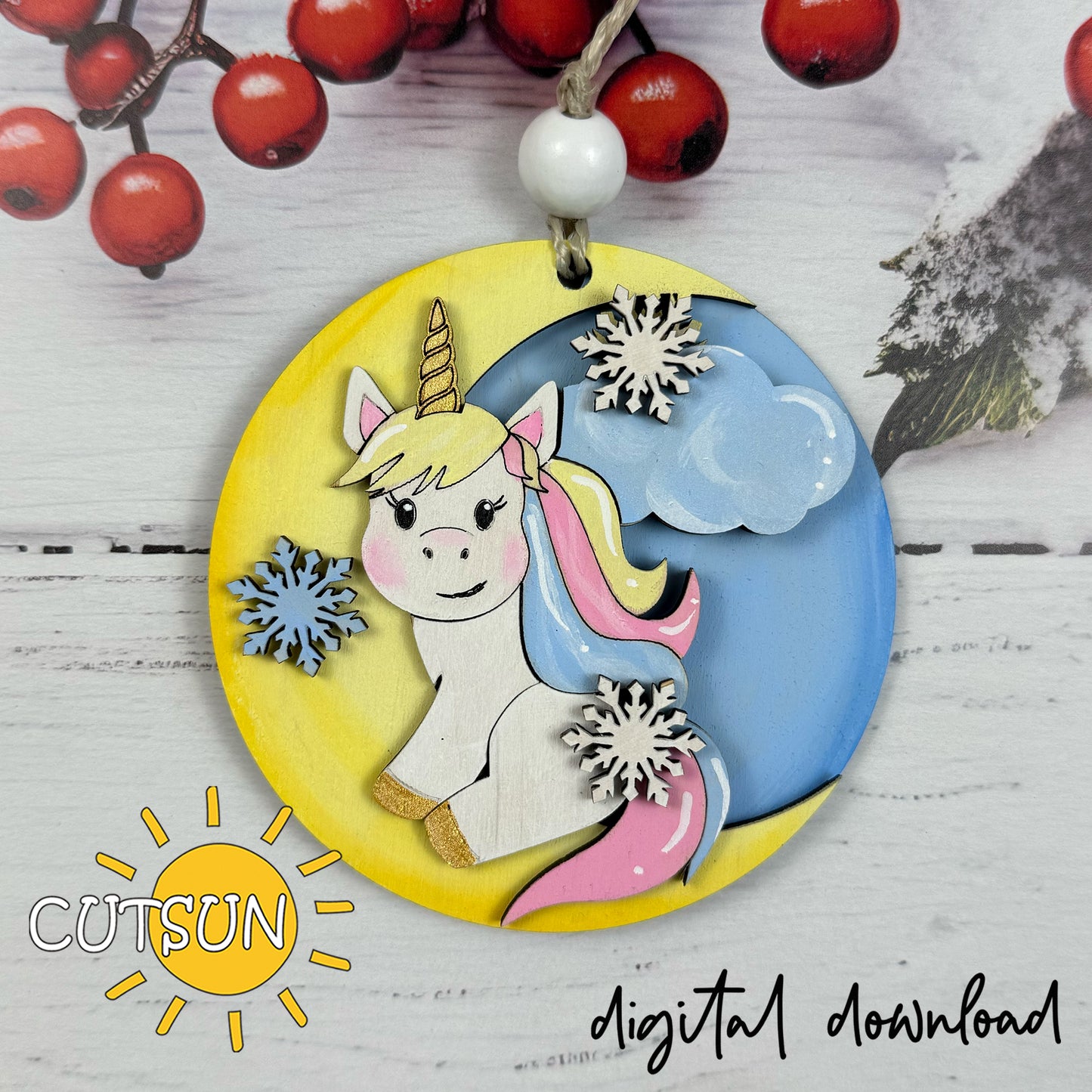 Layered Unicorn Ornament SVG – Whimsical Christmas Laser Cut File for Festive Decor
