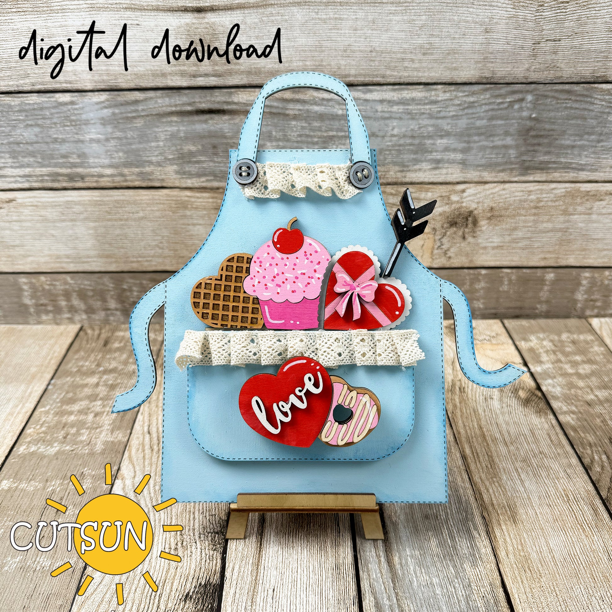 Valentine’s Day apron shelf sitter SVG add-on with heart, cupcake, and love plaque – laser cut design
