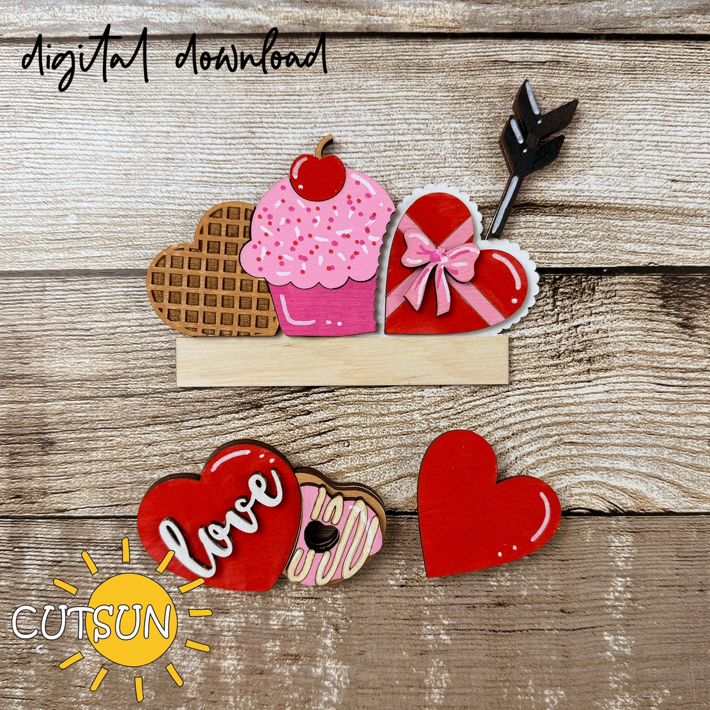 Valentine’s Day Apron Shelf Sitter SVG Add-On – Hearts, Cupcake & Love Plaque | Laser Cut File