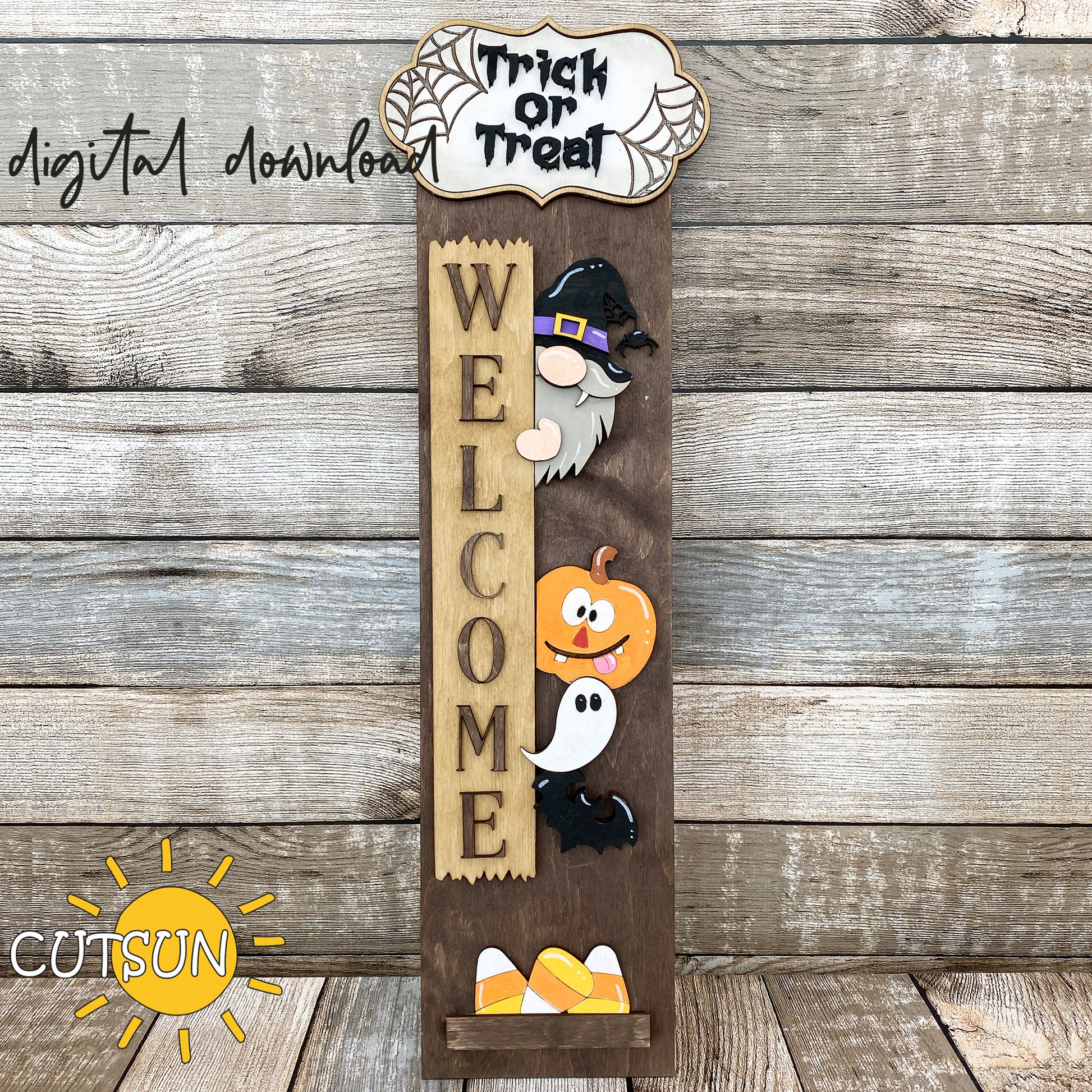 Halloween porch sign SVG with vampire gnome, Trick or Treat plaque, ghost, pumpkin, candy corn and spider hat – layered laser cut file for Glowforge and xTool.