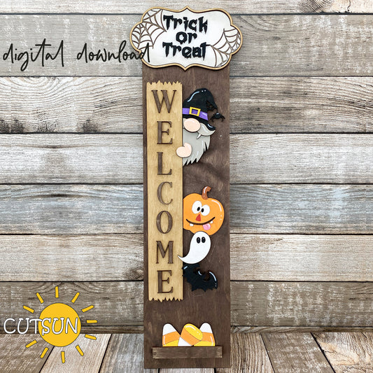 Halloween porch sign SVG with vampire gnome, Trick or Treat plaque, ghost, pumpkin, candy corn and spider hat – layered laser cut file for Glowforge and xTool.