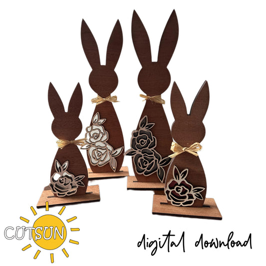 Wooden bunny cutouts with floral designs on a white background, featuring the CUTSUN brand.
