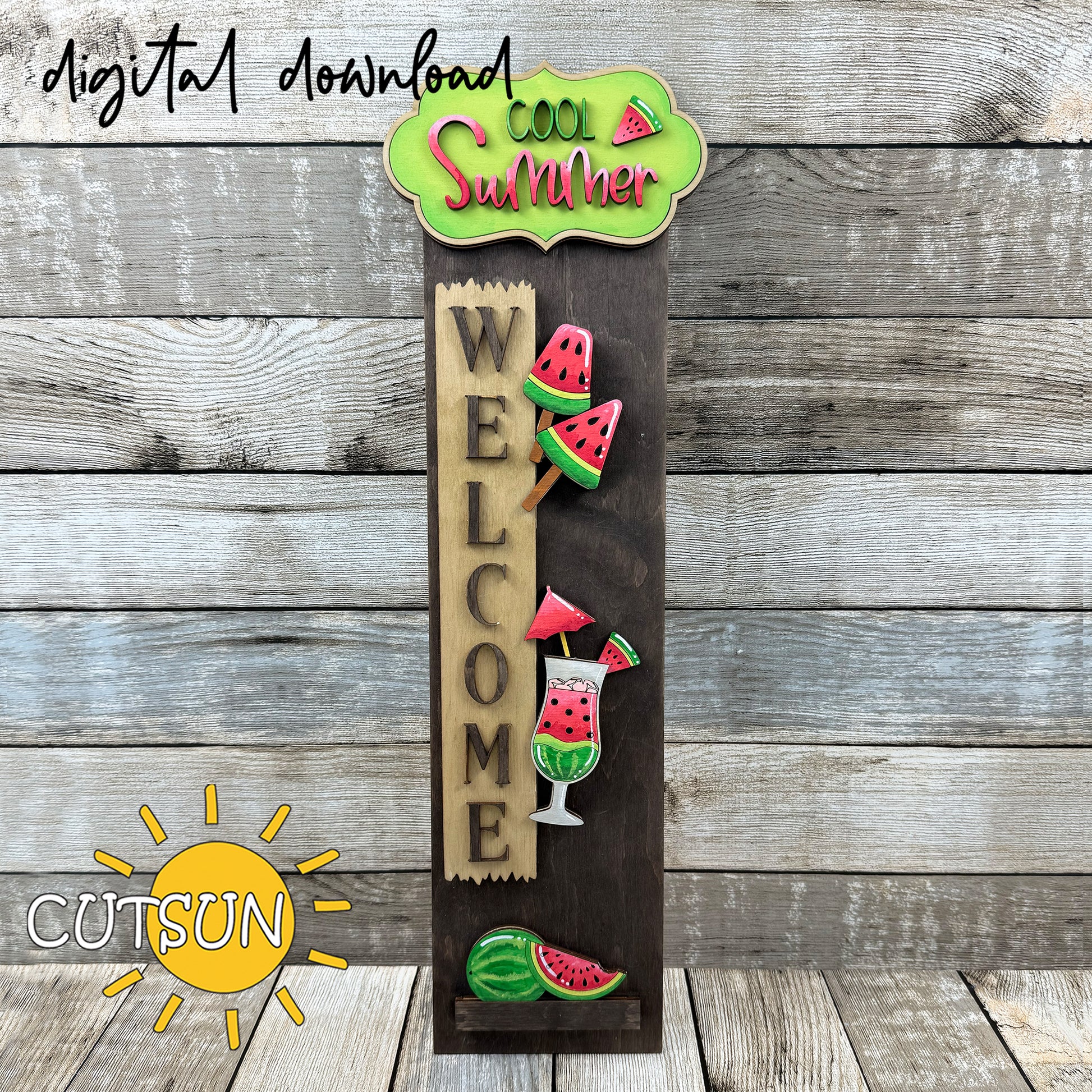 Watermelon porch sign SVG with layered fruit, popsicle, and Cool Summer plaque – digital laser cut file with interchangeable vertical leaner.