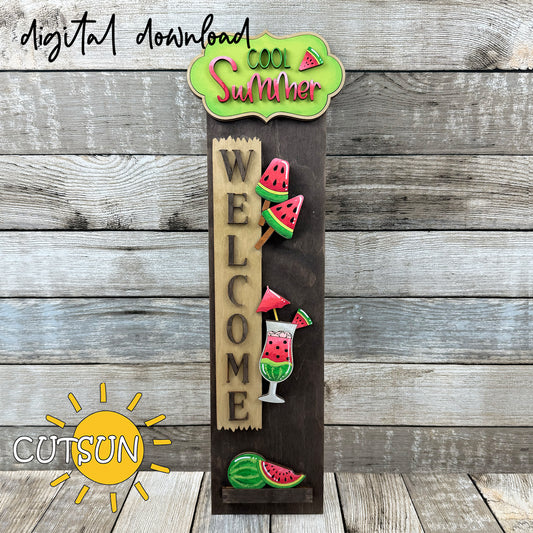 Watermelon porch sign SVG with layered fruit, popsicle, and Cool Summer plaque – digital laser cut file with interchangeable vertical leaner.