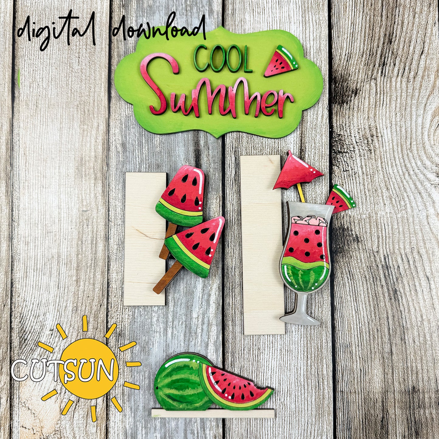 Watermelon Porch Sign SVG – Interchangeable Vertical Leaner Add-On with Popsicles, Fruit, and “Cool Summer” Topper – Laser Cut File