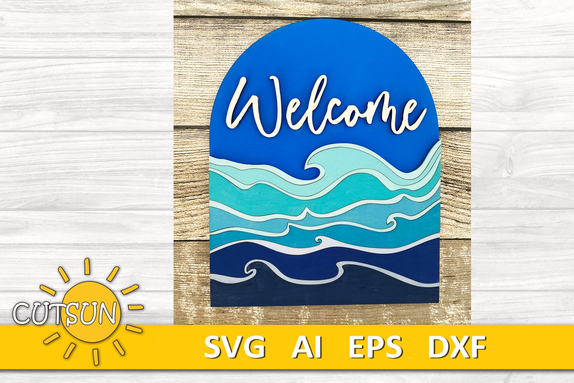 Laser cut layered welcome sign with blue ocean waves in arched shape – beach-themed SVG for summer decor