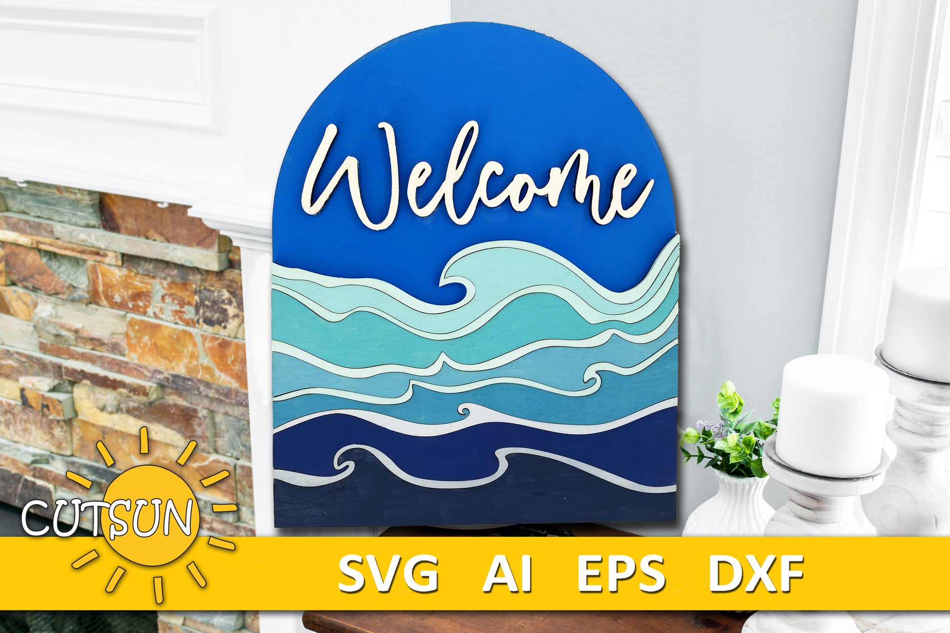 Laser cut layered welcome sign with blue ocean waves in arched shape – beach-themed SVG for summer decor