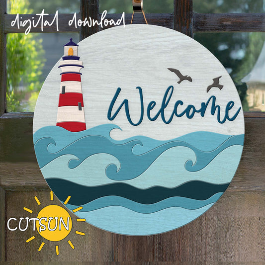 Decorative sign with lighthouse and 'Welcome' text on a wooden background, featuring the brand 'CUTSUN'.
