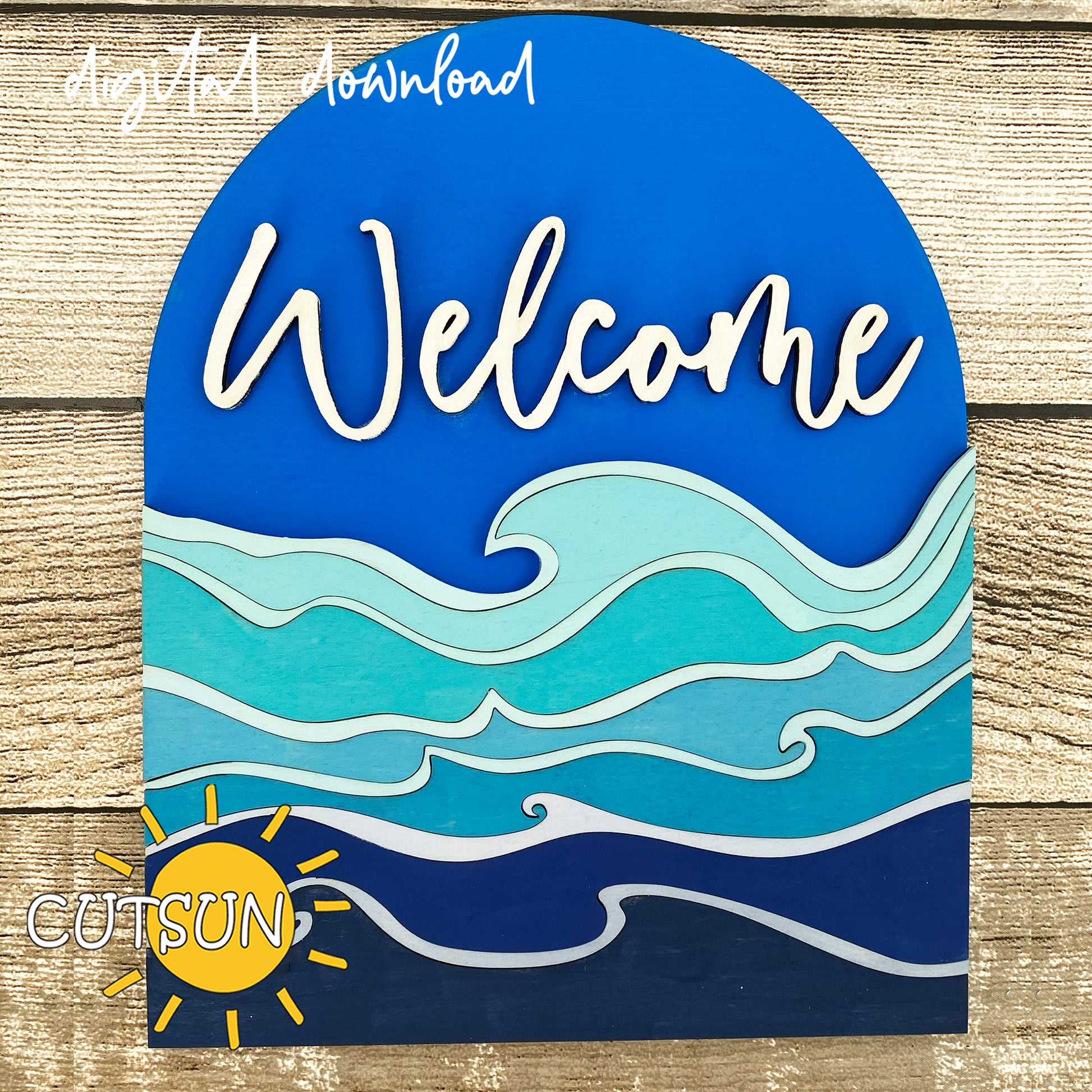 Laser cut layered welcome sign with blue ocean waves in arched shape – beach-themed SVG for summer decor