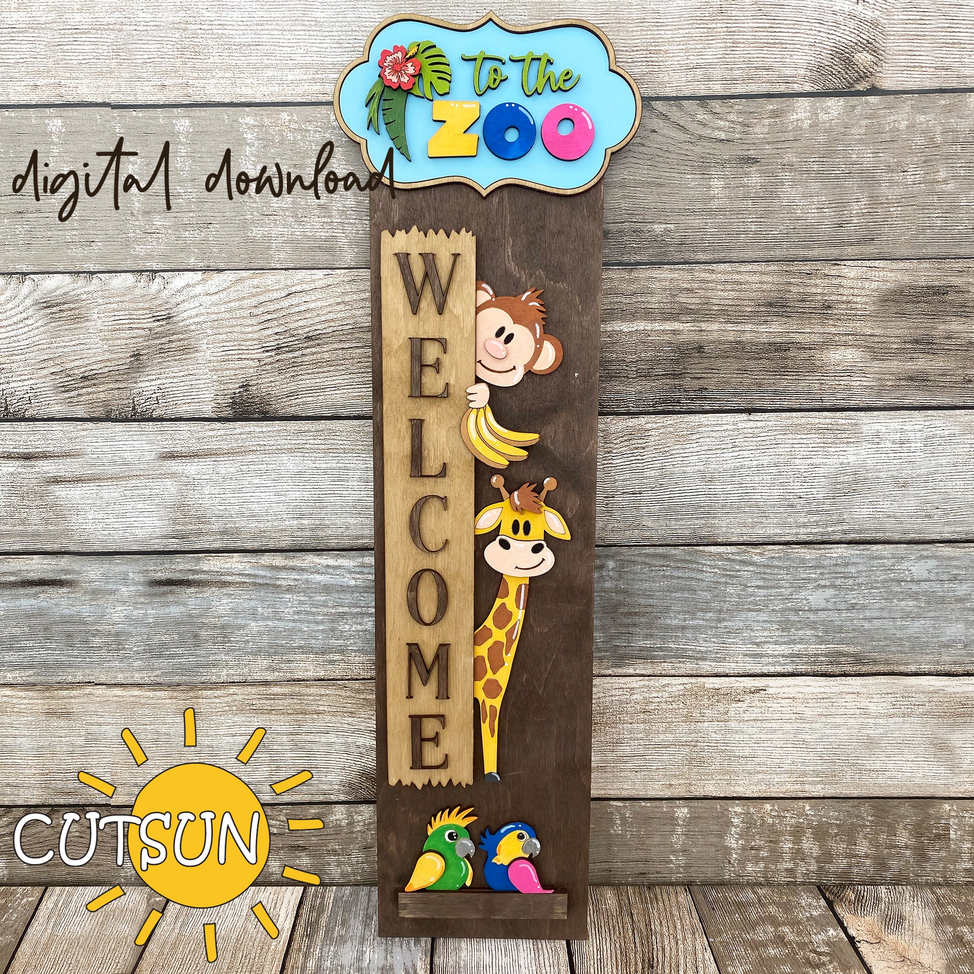 Zoo porch sign SVG with jungle animals, monkey with bananas, giraffe, parrots, and tropical plaque – laser cut file with interchangeable vertical leaner base.