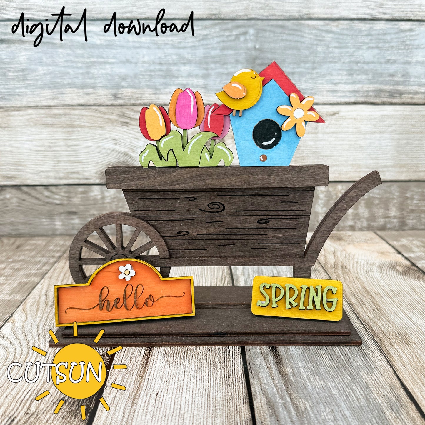 Hello Spring Add-on for Interchangeable Farmhouse Truck / Garden Wheelbarrow SVG Laser cut file