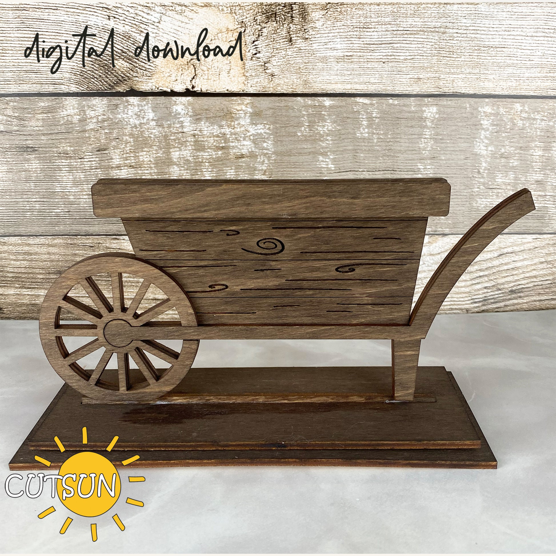 A digital rendering of a garden wheelbarrow starter set made from wood, suitable for laser cutting.