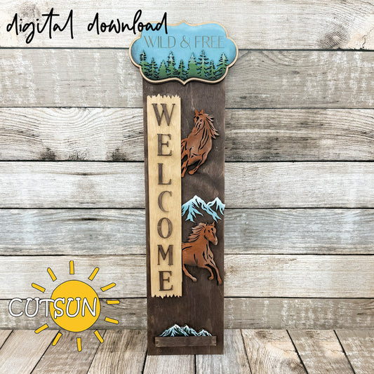 Rustic Wild & Free porch sign SVG with galloping horses, mountain accents, and forest-themed plaque – laser cut file with interchangeable vertical leaner base.