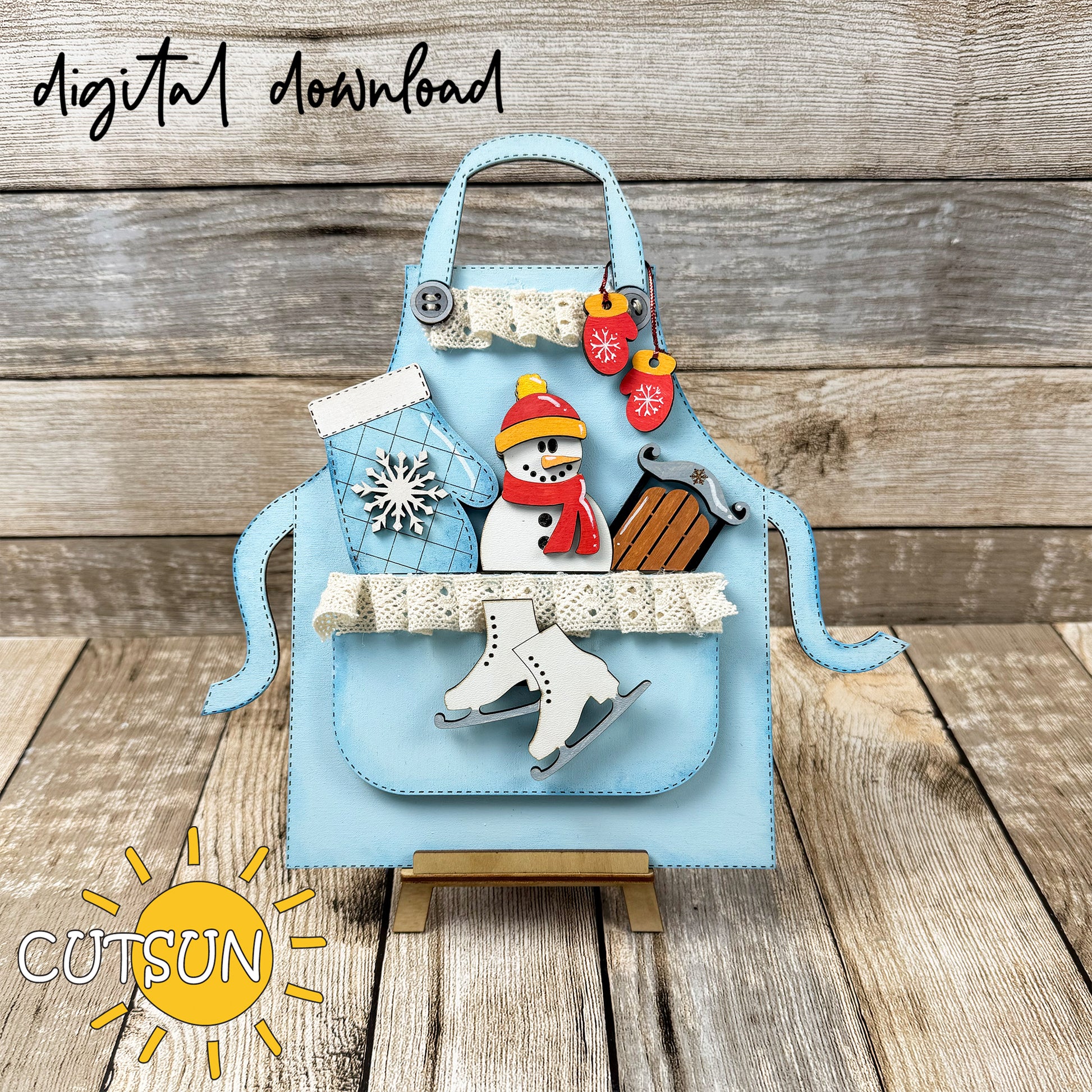 Winter apron shelf sitter SVG with snowman, mittens, sleigh and ice skates – laser cut file for DIY decor