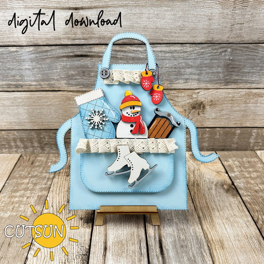 Winter apron shelf sitter SVG with snowman, mittens, sleigh and ice skates – laser cut file for DIY decor