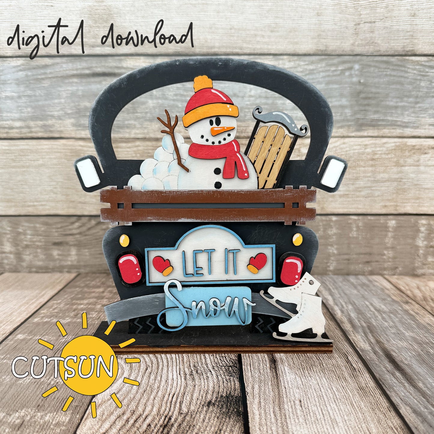 Layered laser-cut snowman and sled design – Let It Snow Winter Add-On for Interchangeable Truck and Wheelbarrow