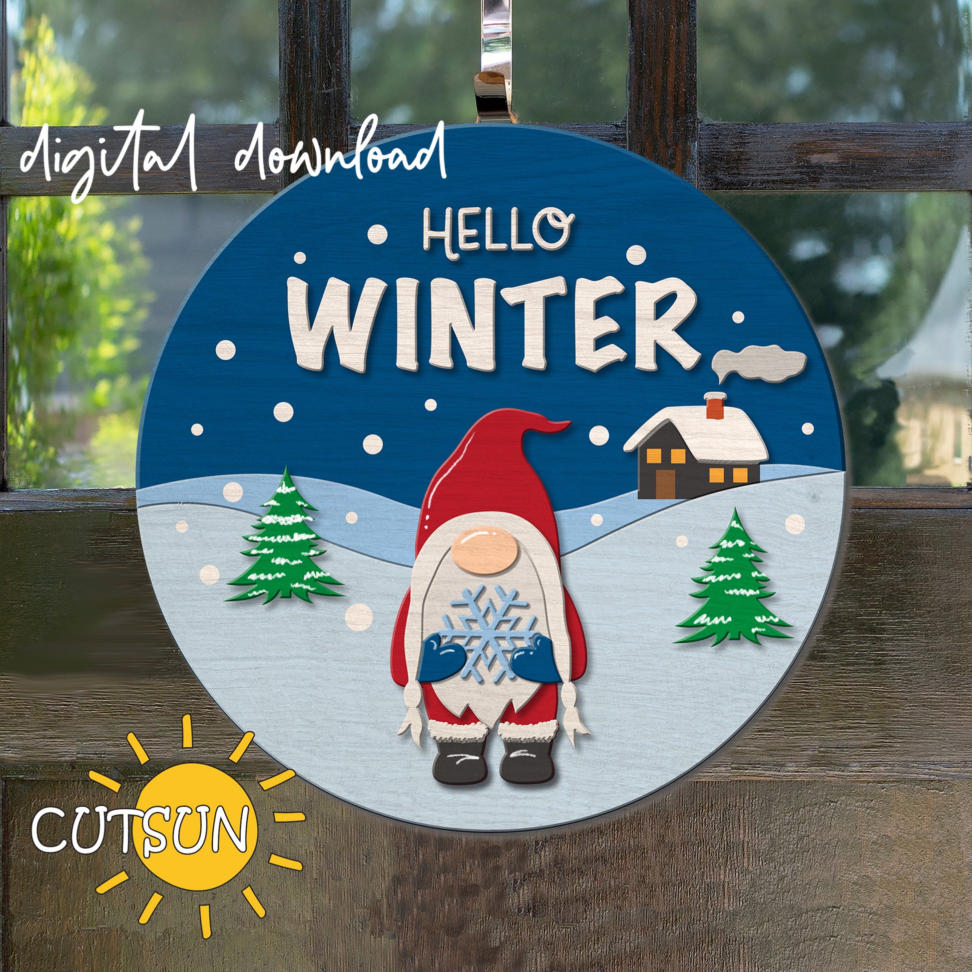 Circular sign with a gnome, snowflake, and 'Hello Winter' text on a blue background, featuring the brand 'CUTSUN'.