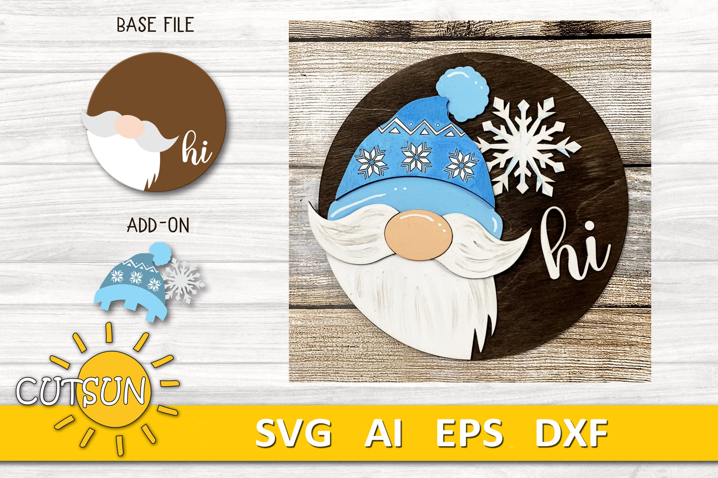Interchangeable Round Gnome door hanger SVG Winter Add-on Gnome Hi Door hanger svg Glowforge SVG Laser cut file