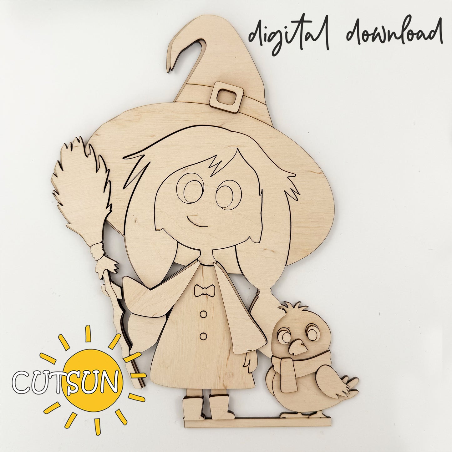 Cute Witch with Crow Shelf Sitter SVG | Halloween Mantel & Shelf Decor | Laser Cut File